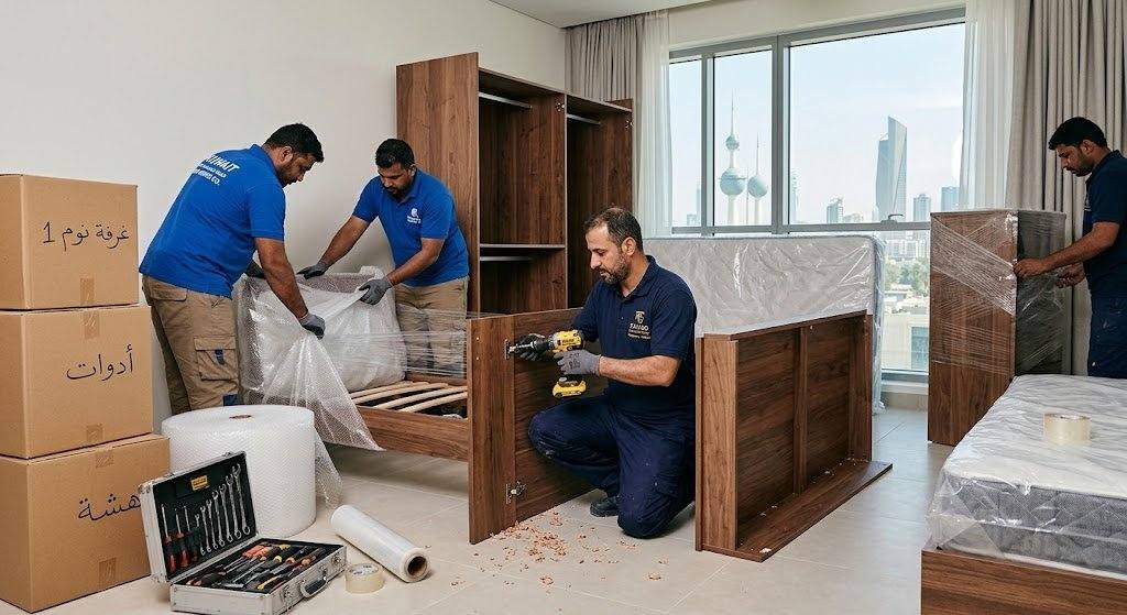 فريق فك وتركيب وتغليف العفش بالكويت أثناء فك غرفة نوم وترقيم الكراتين