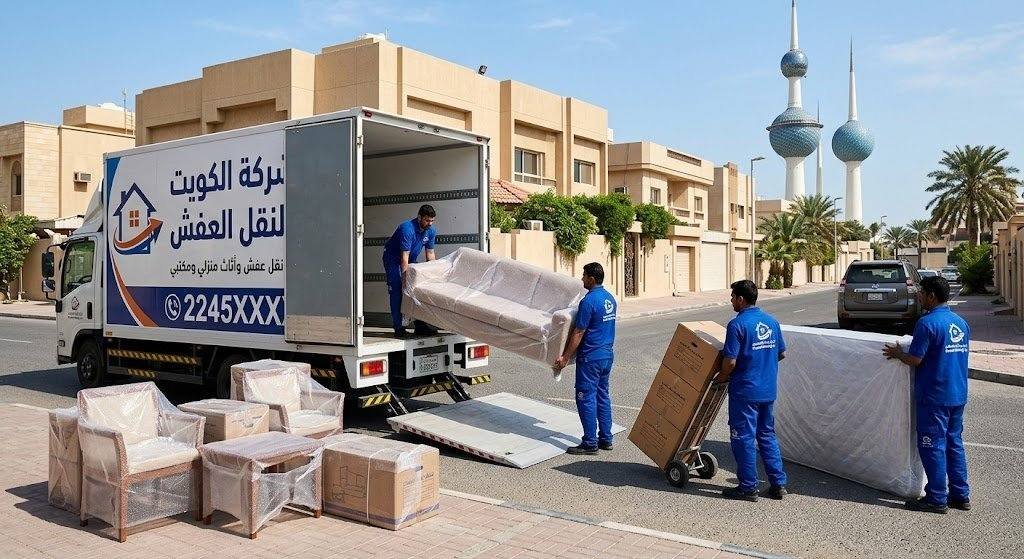فريق نقل عفش حولي أثناء تحميل الأثاث المغلّف من عمارة سكنية في الكويت