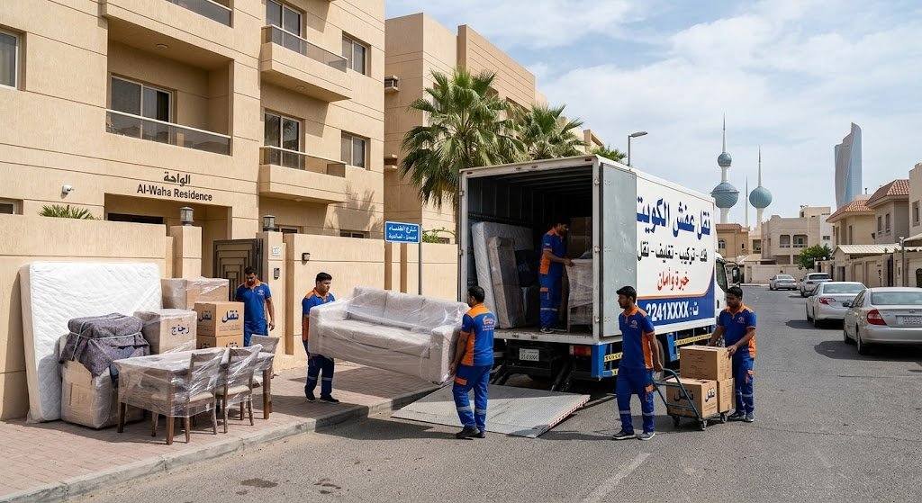 فريق قط اغراض الكويت أثناء إخراج الأثاث القديم من فيلا وتحميله في لوري مغلق