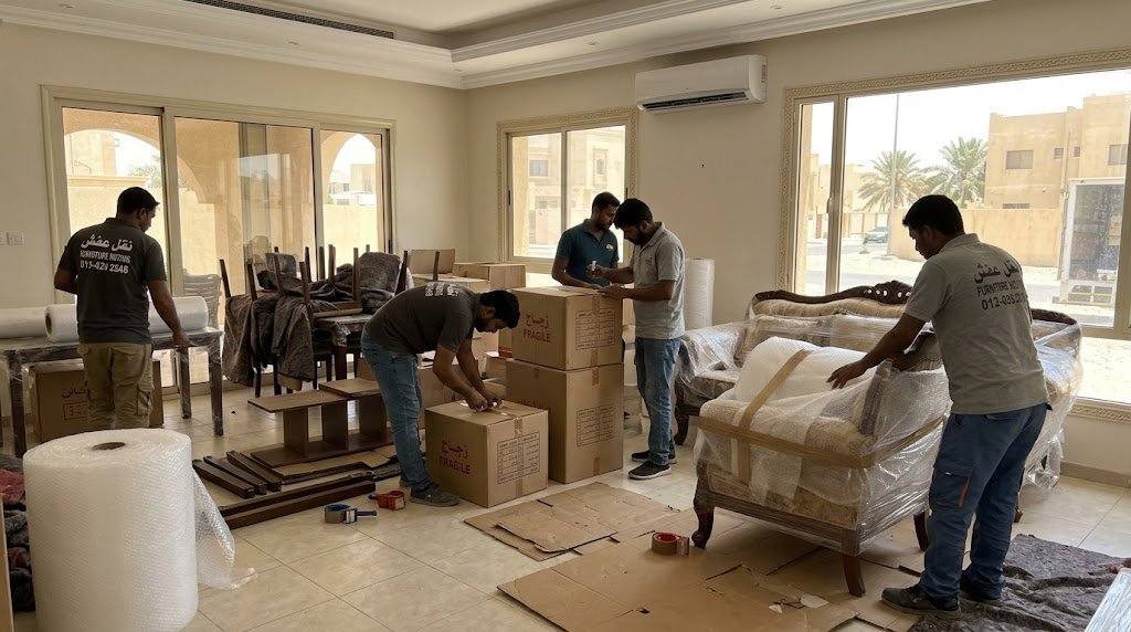 تغليف مرآة وقطع زجاجية بالفلين واللفّ البلاستيكي قبل النقل